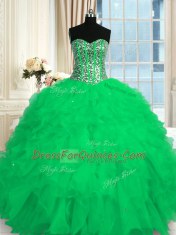 Sumptuous Turquoise Ball Gowns Organza Sweetheart Sleeveless Beading and Ruffles Floor Length Lace Up Quinceanera Gowns
