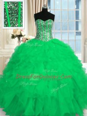 Sumptuous Turquoise Ball Gowns Organza Sweetheart Sleeveless Beading and Ruffles Floor Length Lace Up Quinceanera Gowns