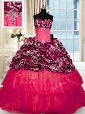 Printed Sleeveless Sweep Train Lace Up Beading and Ruffled Layers Sweet 16 Quinceanera Dress