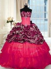 Printed Sleeveless Sweep Train Lace Up Beading and Ruffled Layers Sweet 16 Quinceanera Dress