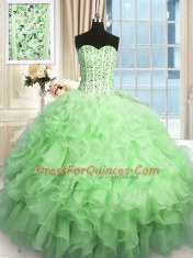 Apple Green Organza Lace Up Sweetheart Sleeveless Floor Length Quinceanera Dress Beading and Ruffles