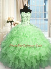 Apple Green Organza Lace Up Sweetheart Sleeveless Floor Length Quinceanera Dress Beading and Ruffles