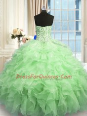 Apple Green Organza Lace Up Sweetheart Sleeveless Floor Length Quinceanera Dress Beading and Ruffles