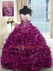 Fuchsia Organza Lace Up Sweet 16 Dress Sleeveless With Brush Train Beading and Ruffles