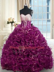 Fuchsia Organza Lace Up Sweet 16 Dress Sleeveless With Brush Train Beading and Ruffles
