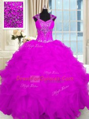 Fantastic Fuchsia Ball Gowns Beading and Ruffles Ball Gown Prom Dress Lace Up Organza Cap Sleeves Floor Length