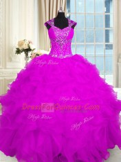 Fantastic Fuchsia Ball Gowns Beading and Ruffles Ball Gown Prom Dress Lace Up Organza Cap Sleeves Floor Length