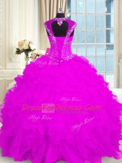 Fantastic Fuchsia Ball Gowns Beading and Ruffles Ball Gown Prom Dress Lace Up Organza Cap Sleeves Floor Length