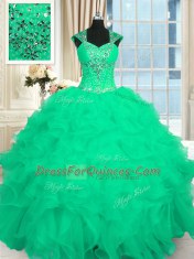 Turquoise Cap Sleeves Beading and Ruffles and Pattern Floor Length Ball Gown Prom Dress