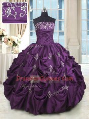 Free and Easy Dark Purple Quinceanera Gowns Military Ball and Sweet 16 and Quinceanera and For with Beading and Appliques and Embroidery and Pick Ups Strapless Sleeveless Lace Up