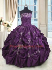 Free and Easy Dark Purple Quinceanera Gowns Military Ball and Sweet 16 and Quinceanera and For with Beading and Appliques and Embroidery and Pick Ups Strapless Sleeveless Lace Up