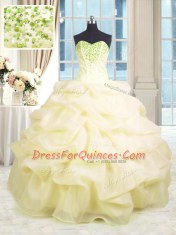 Floor Length Lace Up Sweet 16 Dresses Light Yellow for Military Ball and Sweet 16 and Quinceanera with Beading and Ruffles