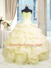 Floor Length Lace Up Sweet 16 Dresses Light Yellow for Military Ball and Sweet 16 and Quinceanera with Beading and Ruffles