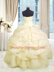 Floor Length Lace Up Sweet 16 Dresses Light Yellow for Military Ball and Sweet 16 and Quinceanera with Beading and Ruffles