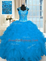 Extravagant Ball Gowns Ball Gown Prom Dress Aqua Blue Straps Organza Cap Sleeves Floor Length Lace Up
