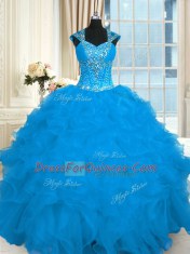 Extravagant Ball Gowns Ball Gown Prom Dress Aqua Blue Straps Organza Cap Sleeves Floor Length Lace Up