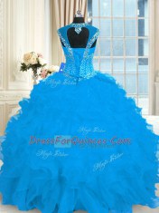 Extravagant Ball Gowns Ball Gown Prom Dress Aqua Blue Straps Organza Cap Sleeves Floor Length Lace Up