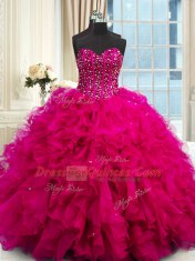 Fuchsia Lace Up Sweet 16 Dress Beading and Ruffles and Sequins Sleeveless Floor Length
