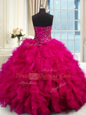 Fuchsia Lace Up Sweet 16 Dress Beading and Ruffles and Sequins Sleeveless Floor Length
