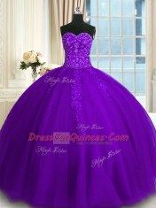 Admirable Sweetheart Sleeveless Tulle Quinceanera Dress Appliques Lace Up