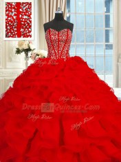 With Train Red Vestidos de Quinceanera Organza Brush Train Sleeveless Beading and Ruffles