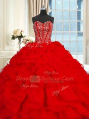 With Train Red Vestidos de Quinceanera Organza Brush Train Sleeveless Beading and Ruffles