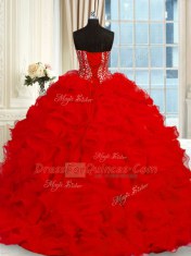 With Train Red Vestidos de Quinceanera Organza Brush Train Sleeveless Beading and Ruffles
