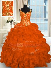 Orange Red Organza Lace Up Quinceanera Gown Sleeveless Brush Train Beading and Ruffles