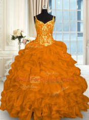 Orange Red Organza Lace Up Quinceanera Gown Sleeveless Brush Train Beading and Ruffles