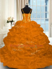 Orange Red Organza Lace Up Quinceanera Gown Sleeveless Brush Train Beading and Ruffles