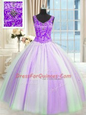 Suitable White And Purple V-neck Neckline Beading and Sequins Ball Gown Prom Dress Sleeveless Lace Up