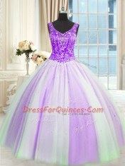 Suitable White And Purple V-neck Neckline Beading and Sequins Ball Gown Prom Dress Sleeveless Lace Up