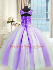Suitable White And Purple V-neck Neckline Beading and Sequins Ball Gown Prom Dress Sleeveless Lace Up