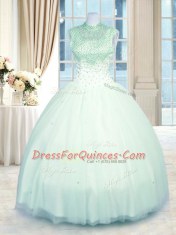 Ball Gowns Vestidos de Quinceanera Apple Green High-neck Tulle Sleeveless Floor Length Zipper