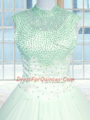 Ball Gowns Vestidos de Quinceanera Apple Green High-neck Tulle Sleeveless Floor Length Zipper