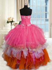 Superior Sweetheart Sleeveless Quinceanera Gown Floor Length Beading and Ruffles Multi-color Organza