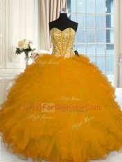 Excellent Gold Sweetheart Neckline Beading and Ruffles Quinceanera Dress Sleeveless Lace Up