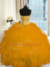 Excellent Gold Sweetheart Neckline Beading and Ruffles Quinceanera Dress Sleeveless Lace Up