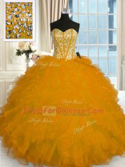 Excellent Gold Sweetheart Neckline Beading and Ruffles Quinceanera Dress Sleeveless Lace Up