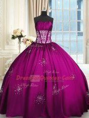 Floor Length Lace Up Sweet 16 Dress Fuchsia for Military Ball and Sweet 16 and Quinceanera with Beading and Appliques and Ruching