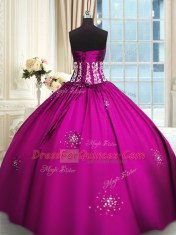 Floor Length Lace Up Sweet 16 Dress Fuchsia for Military Ball and Sweet 16 and Quinceanera with Beading and Appliques and Ruching