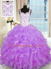 Custom Design Lilac Sweetheart Lace Up Beading and Appliques and Ruffles Quinceanera Gown Sleeveless