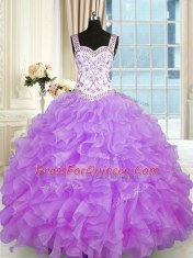 Custom Design Lilac Sweetheart Lace Up Beading and Appliques and Ruffles Quinceanera Gown Sleeveless