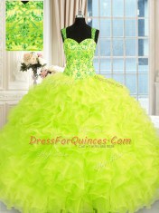Latest Beading and Embroidery and Ruffles Quinceanera Gown Yellow Green Lace Up Sleeveless Floor Length