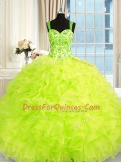 Latest Beading and Embroidery and Ruffles Quinceanera Gown Yellow Green Lace Up Sleeveless Floor Length