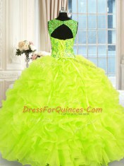 Latest Beading and Embroidery and Ruffles Quinceanera Gown Yellow Green Lace Up Sleeveless Floor Length