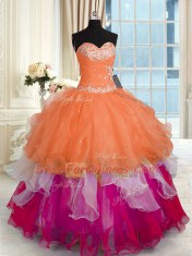 Floor Length Multi-color Quinceanera Dress Organza Sleeveless Beading and Ruffled Layers