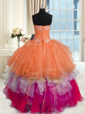 Floor Length Multi-color Quinceanera Dress Organza Sleeveless Beading and Ruffled Layers
