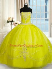 Yellow Green Ball Gowns Strapless Sleeveless Organza Floor Length Lace Up Beading and Embroidery Quince Ball Gowns