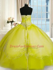 Yellow Green Ball Gowns Strapless Sleeveless Organza Floor Length Lace Up Beading and Embroidery Quince Ball Gowns